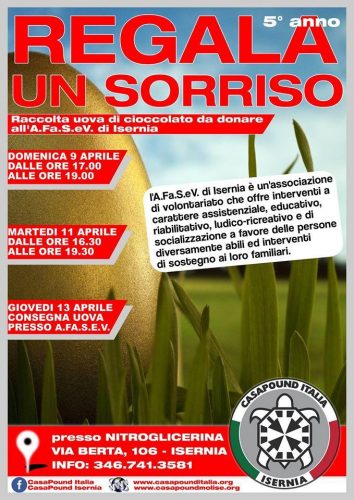 Isernia, domenica 9 e martedì 11 aprile CasaPound organizza raccolta uova di Pasqua per i bambini dell’AFaSeV