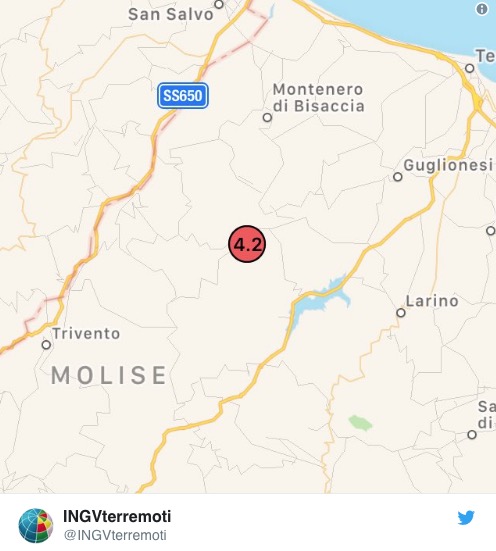 Terremoto in Molise, 4.2 con epicentro Acquaviva Collecroci