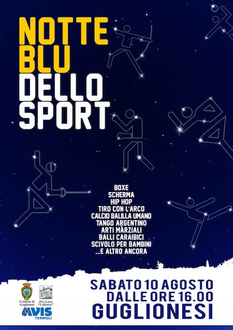 Si svolgerà il 10 agosto 2019 la "Notte bianca" di Guglionesi, che quest'anno sarà la "Notte blu dello sport", con varie discipline sportive ad animare il cuore dell'estate guglionesana organizzata dal Comune di Guglionesi, in collaborazione con la Pro Loco Colleniso e Avis Termoli. Come ogni anno, il 10 agosto varie attività commerciali si dedicheranno all'organizzazione di eventi per animare la "Notte blu dello sport" a Guglionesi.