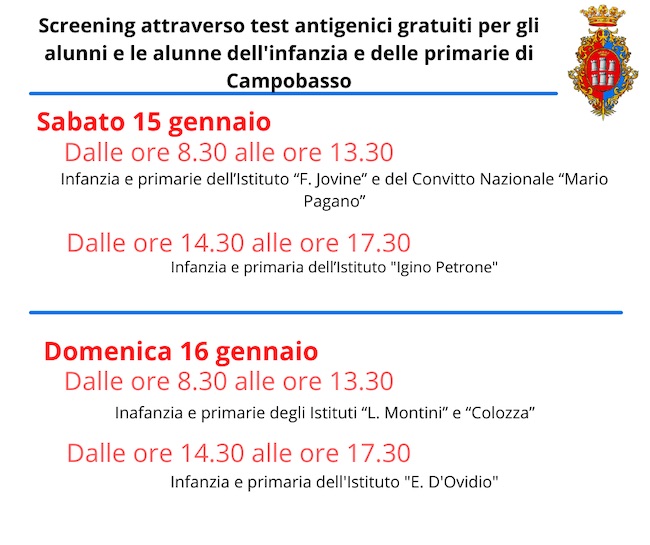 Campobasso, test antigenici drive-in per la popolazione scolastica il 15 e 16 gennaio