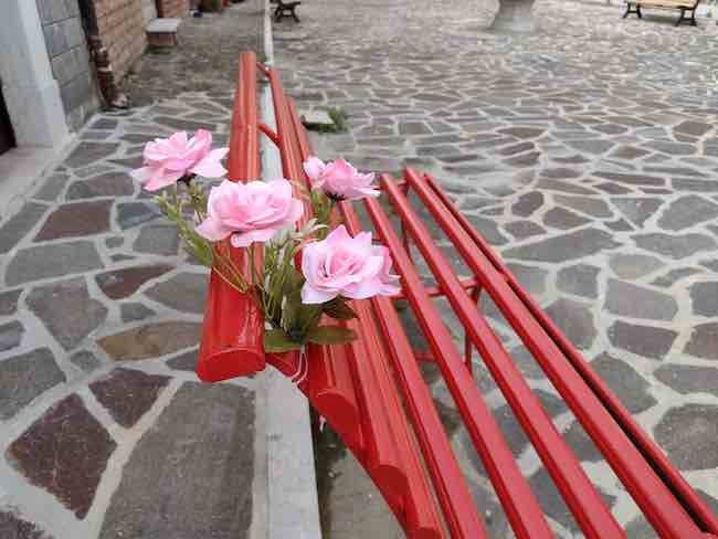 rose rosa sulla panchina rossa