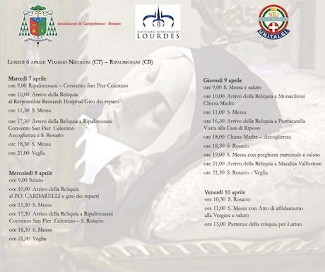 peregrinatio reliquia Santa Bernardette 6-10 aprile 2026